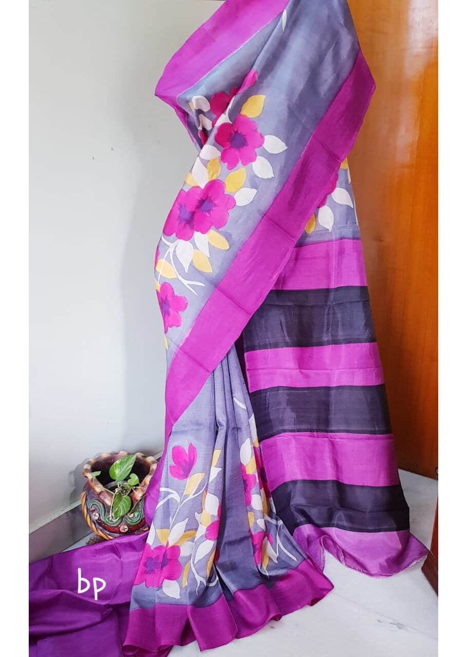 Grey Pink HandBlock Print Bishnupuri Silk Saree