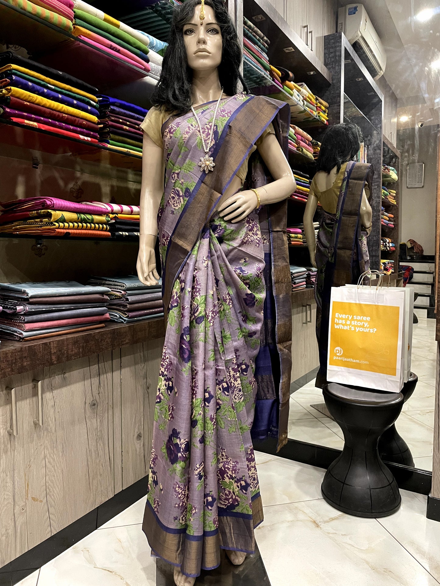 AU22A008 Pink Blue Pure Block Print Tussar Silk Saree