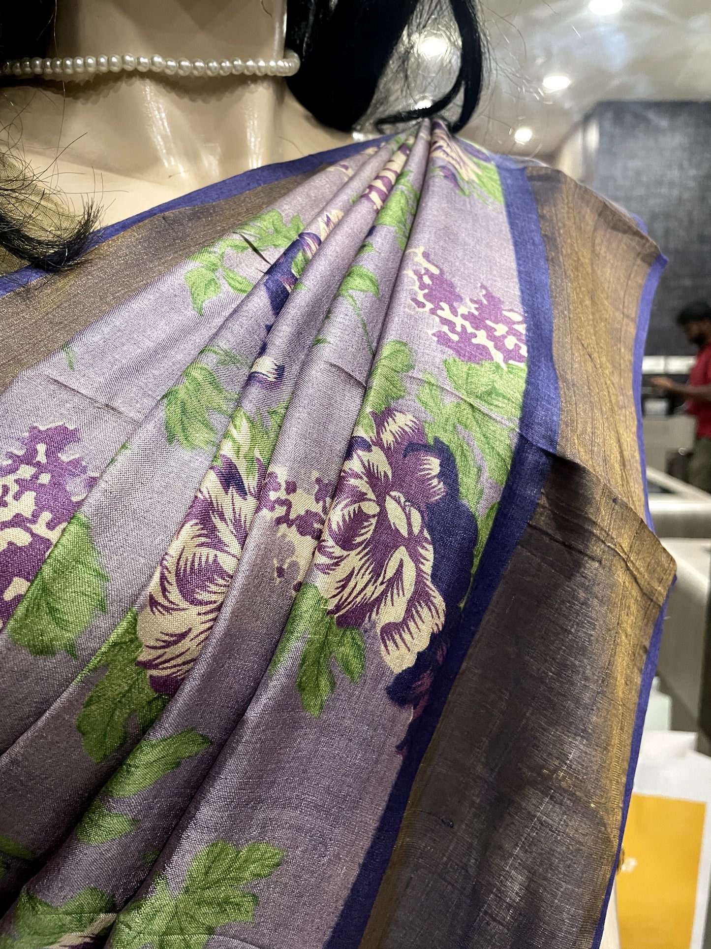 AU22A008 Pink Blue Pure Block Print Tussar Silk Saree