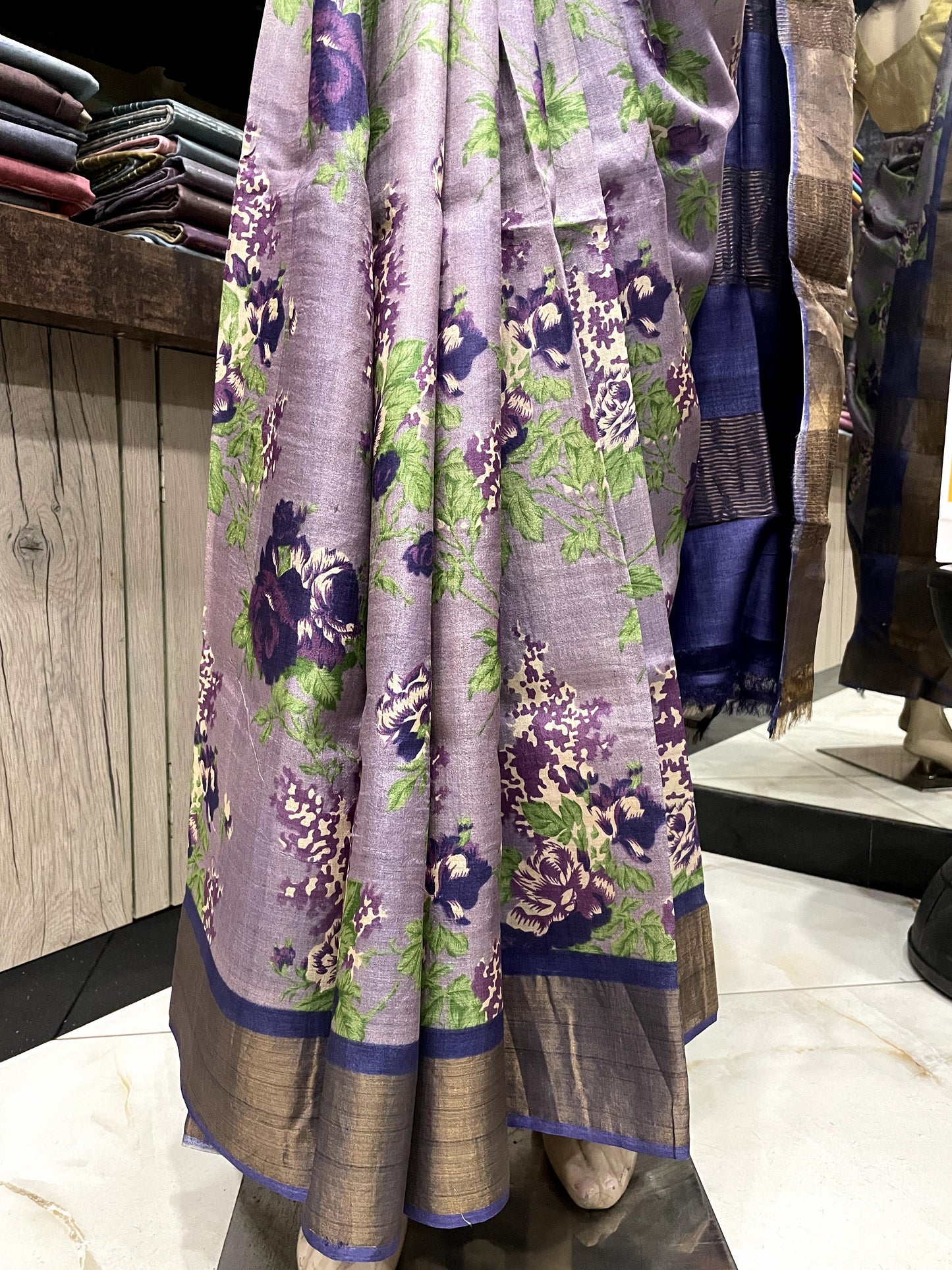 AU22A008 Pink Blue Pure Block Print Tussar Silk Saree