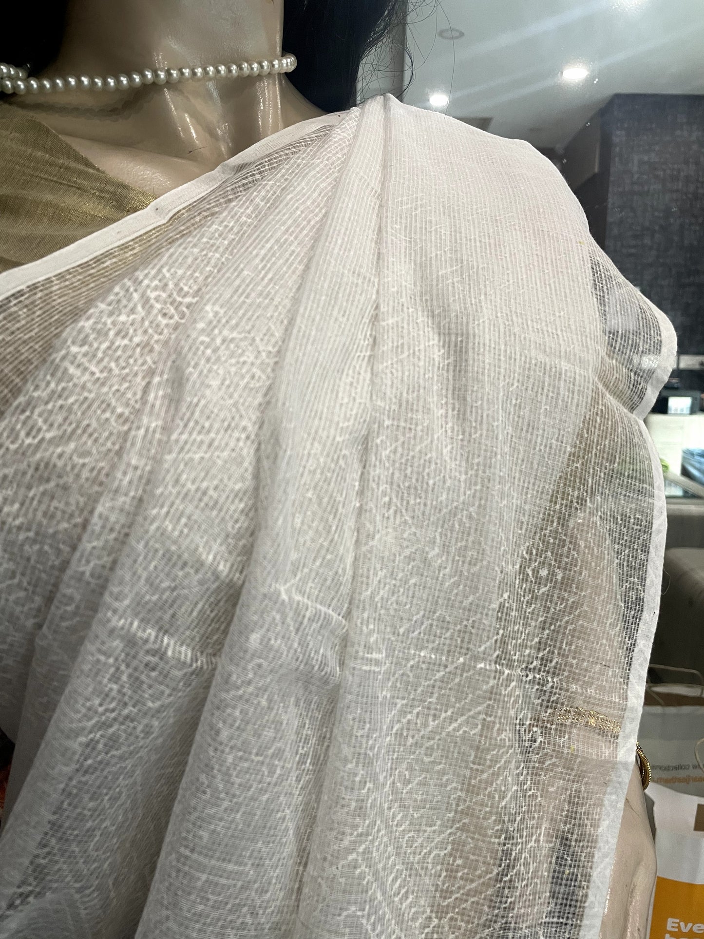 AU23A011 White Black Block Printed Kota Doria Saree