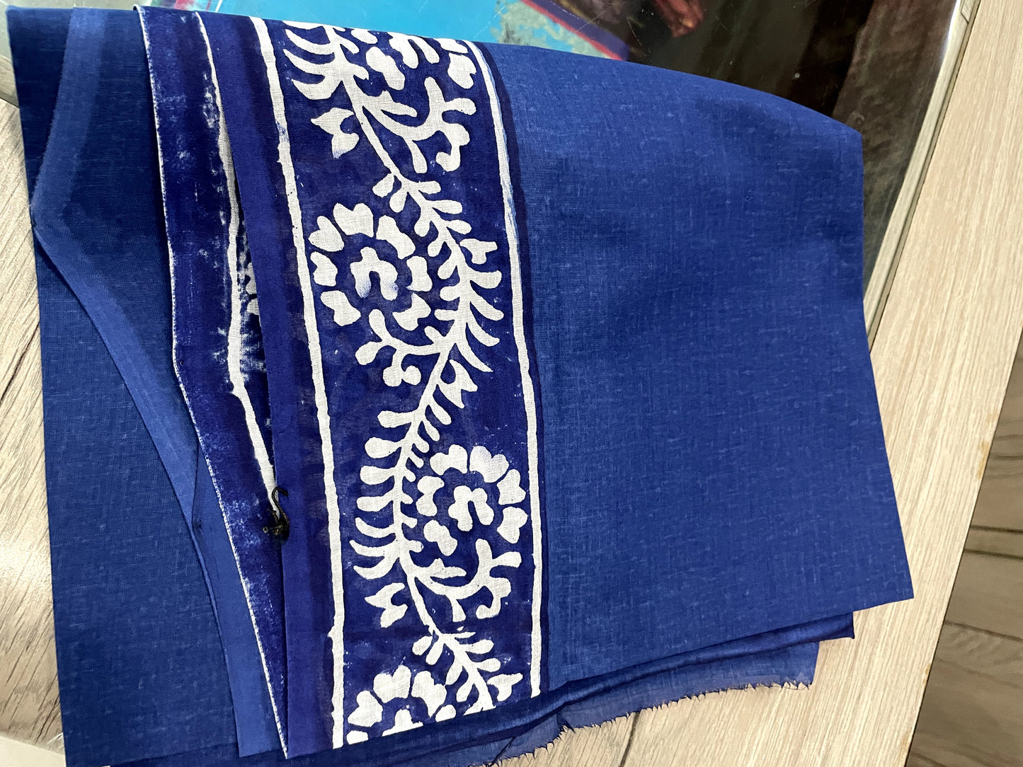 AU23A038 White Blue Block Printed Kota Doria Saree