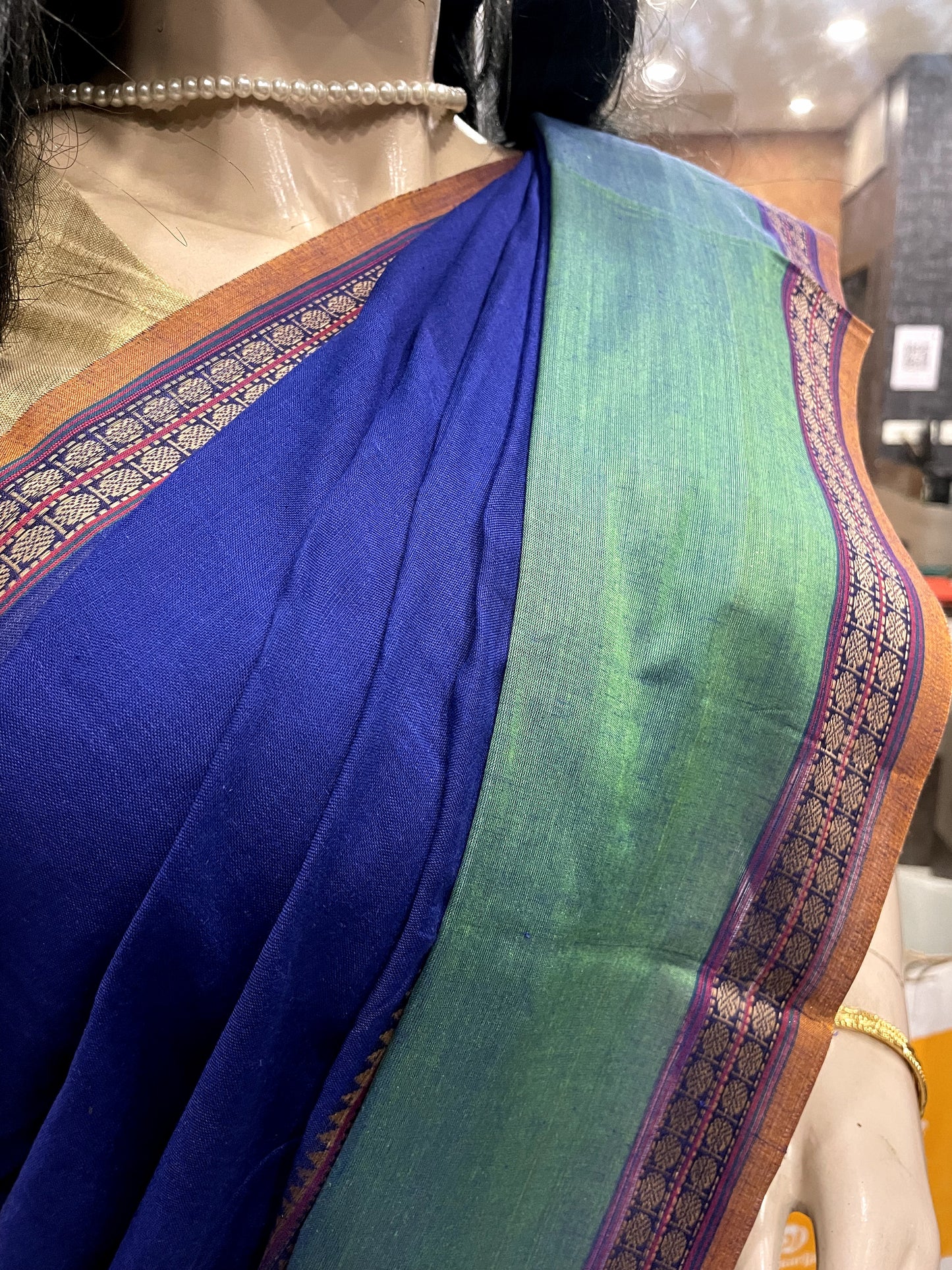AU24A005 Blue Green Pure Handloom Narayanpet Cotton Saree