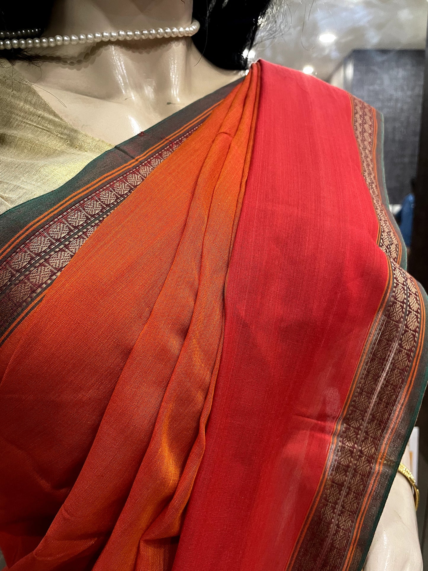 AU24A007 Orange Red Pure Handloom Narayanpet Cotton Saree