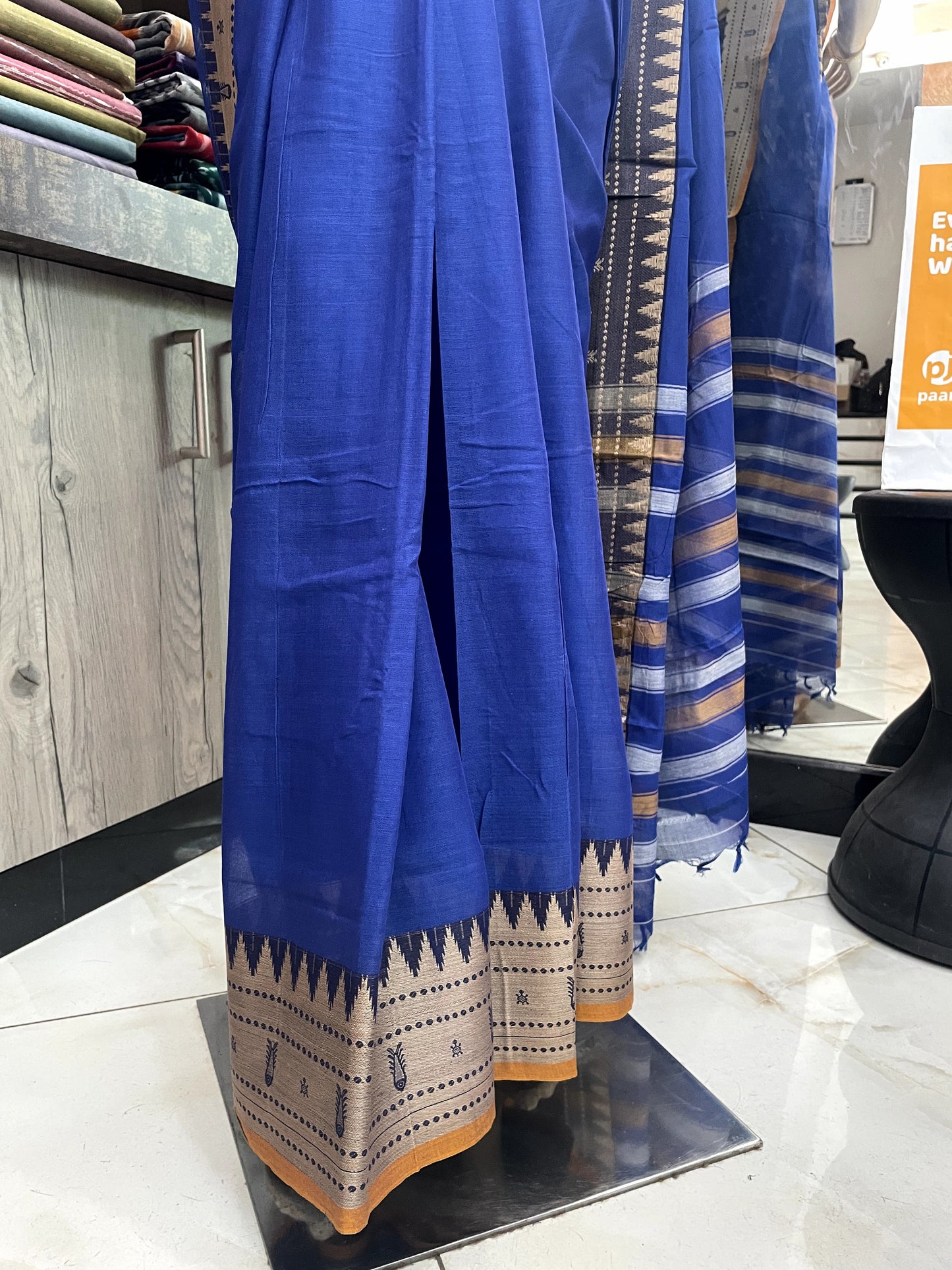 AU24A052 Blue Yellow Pure Handloom Narayanpet Cotton Saree