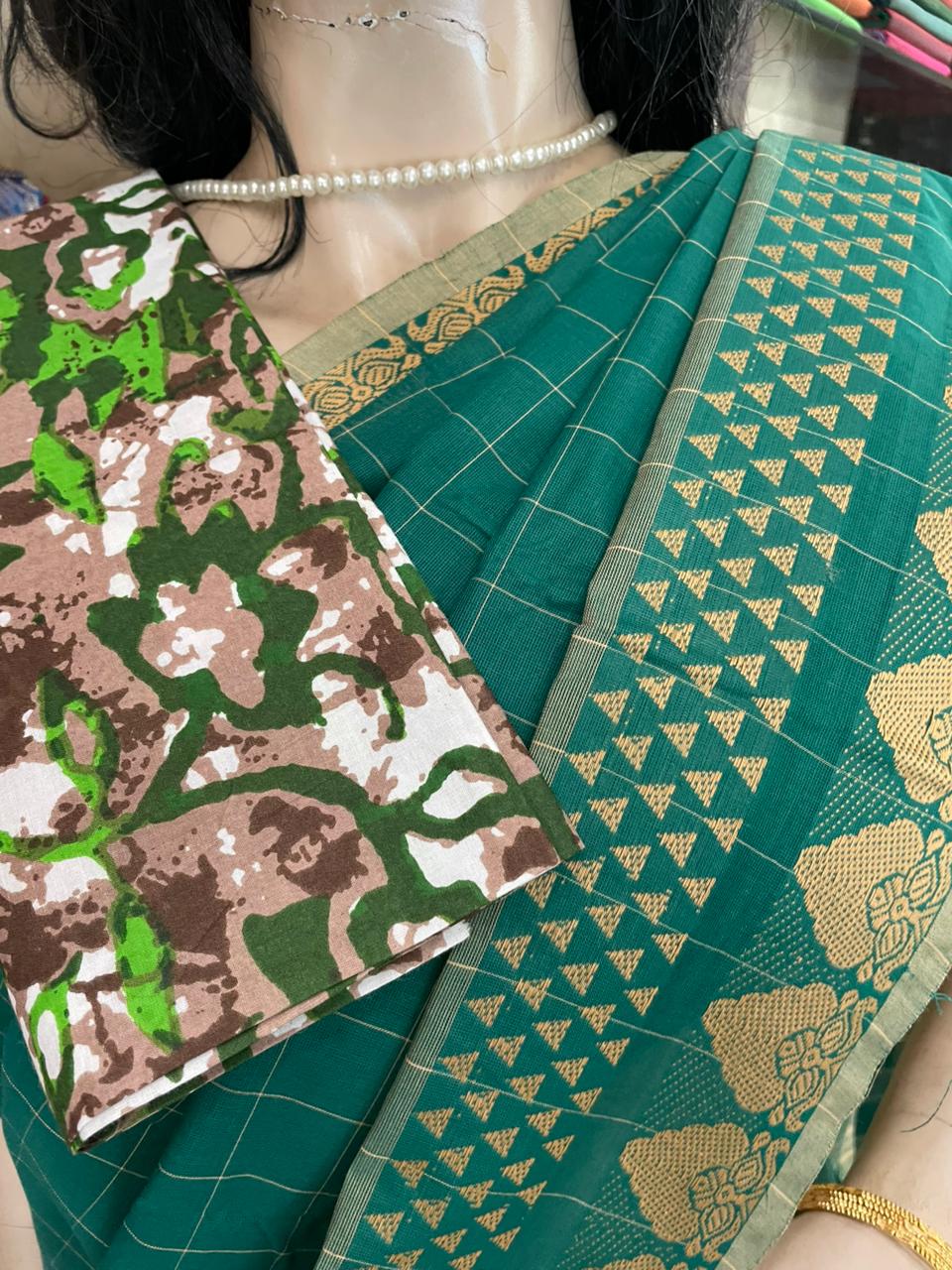 AU25A034 Teal Green Pure Handloom Chettinad Cotton Saree