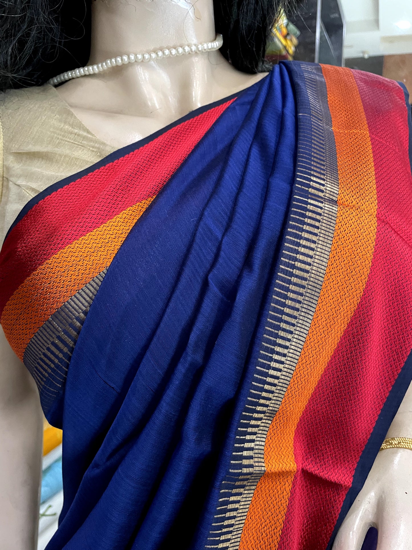 D24A027 Blue Red Pure Handloom Maheshwari Silk Saree