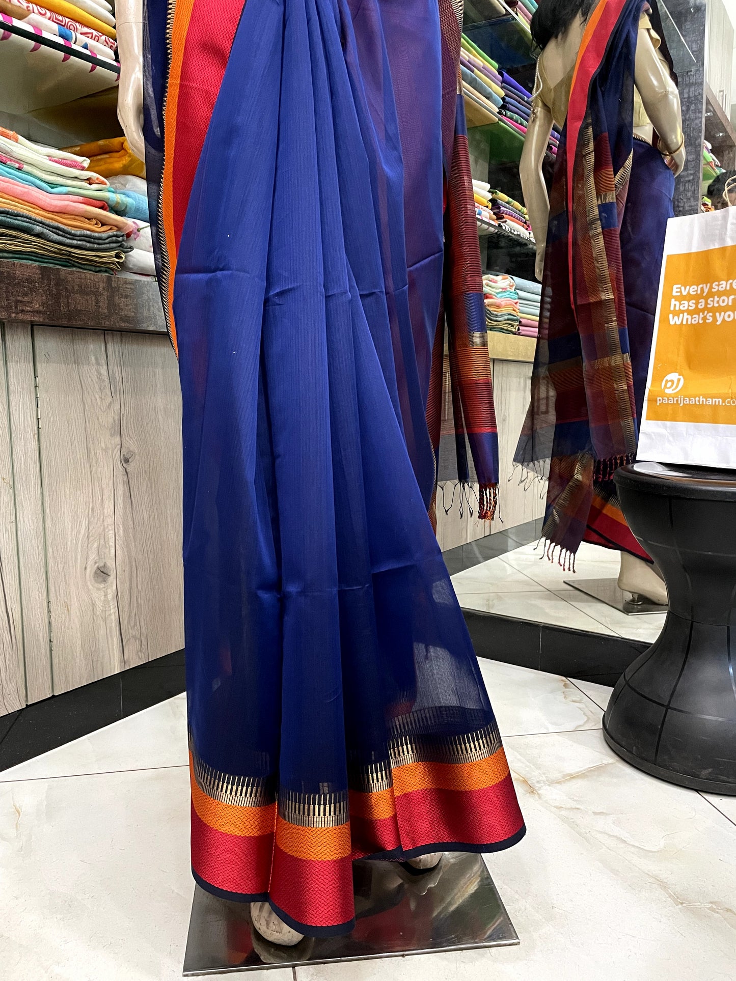 D24A027 Blue Red Pure Handloom Maheshwari Silk Saree