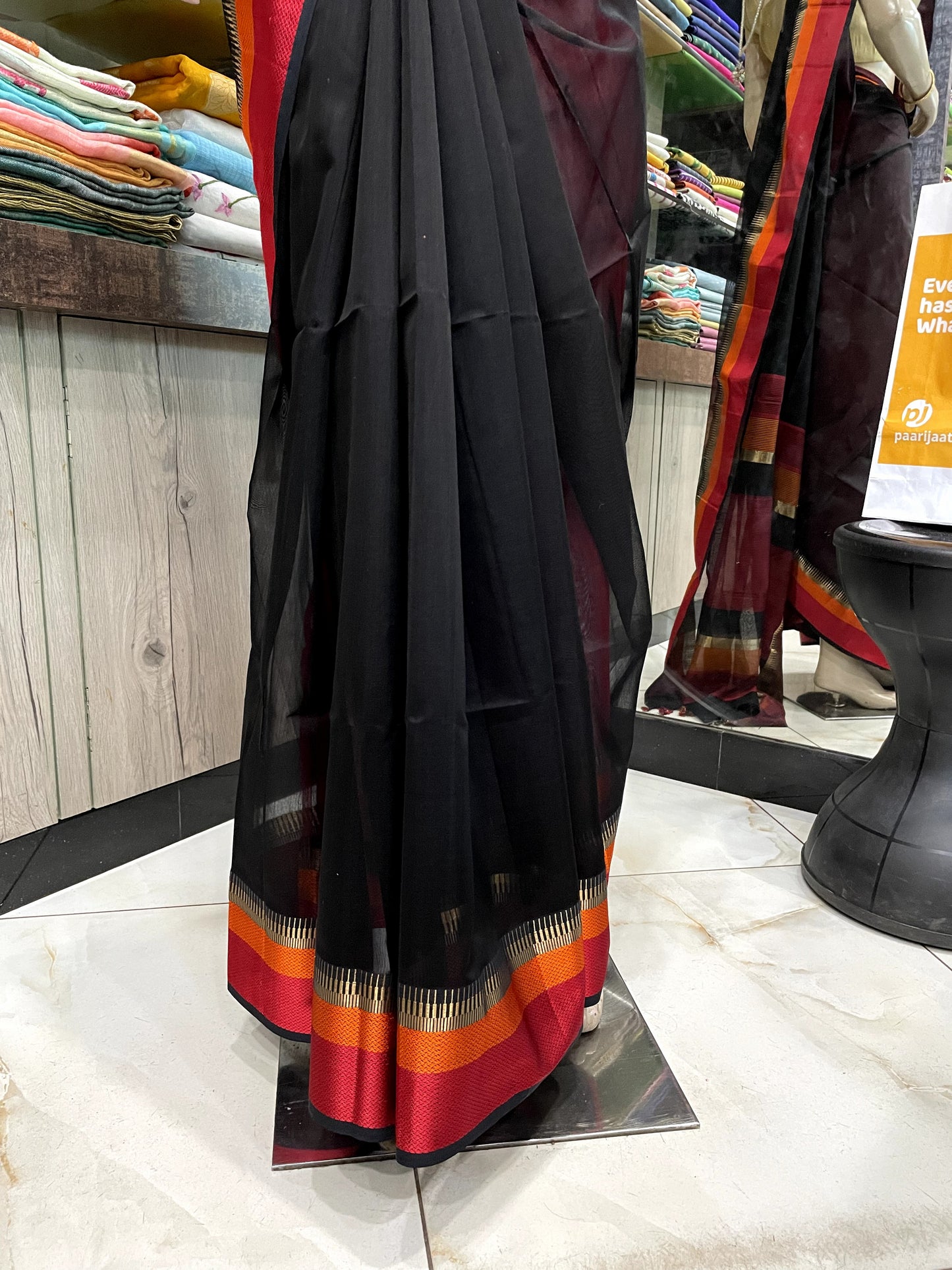 D24A029 Black Red Pure Handloom Maheshwari Silk Saree