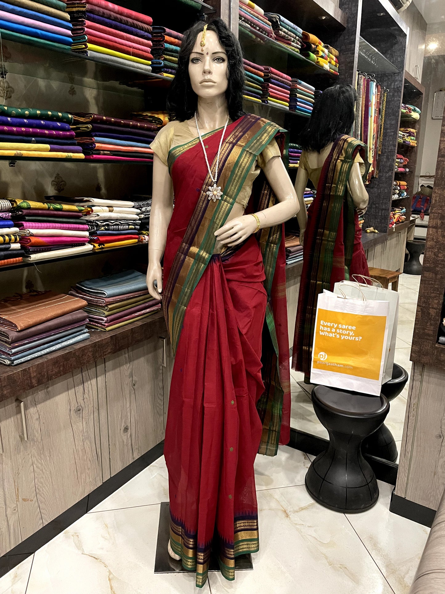 NV24A003 Red Green Pure Handloom Kanchi Cotton Saree
