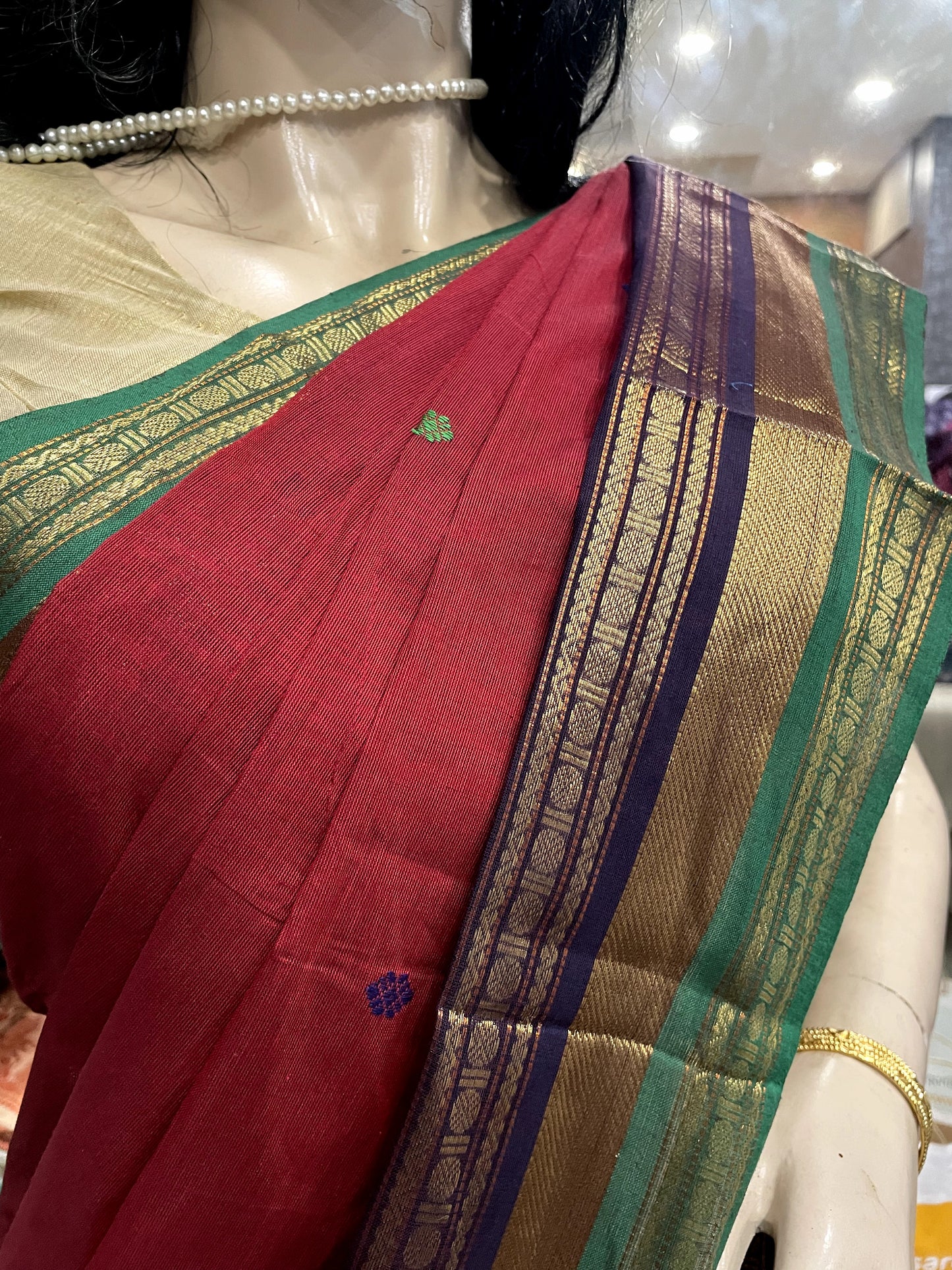 NV24A003 Red Green Pure Handloom Kanchi Cotton Saree