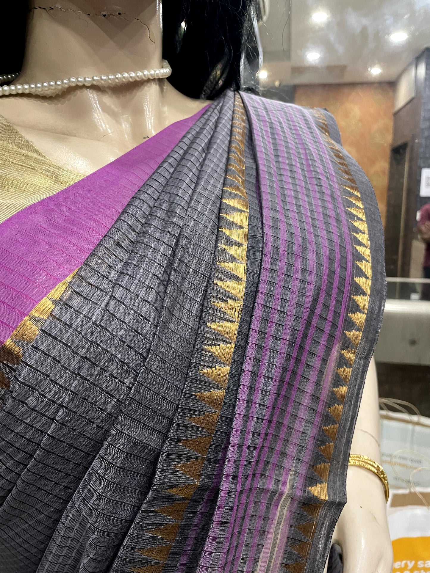 NV24A019 Grey Purple Pure Handloom Mangalgiri Cotton Saree