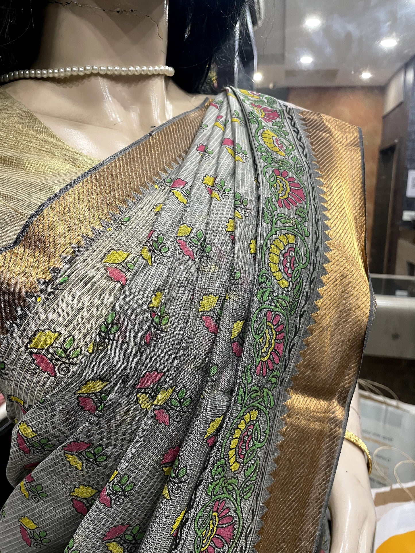 NV24A026 Grey Gold Pure Handloom Mangalgiri Cotton Saree