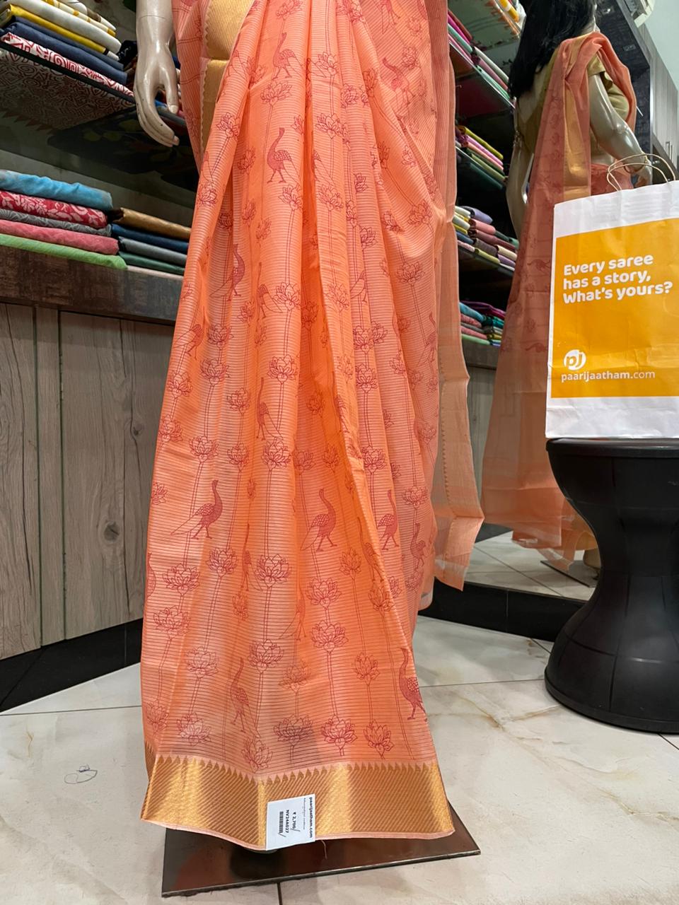 NV24A027 Orange Pure Handloom Mangalgiri Cotton Saree