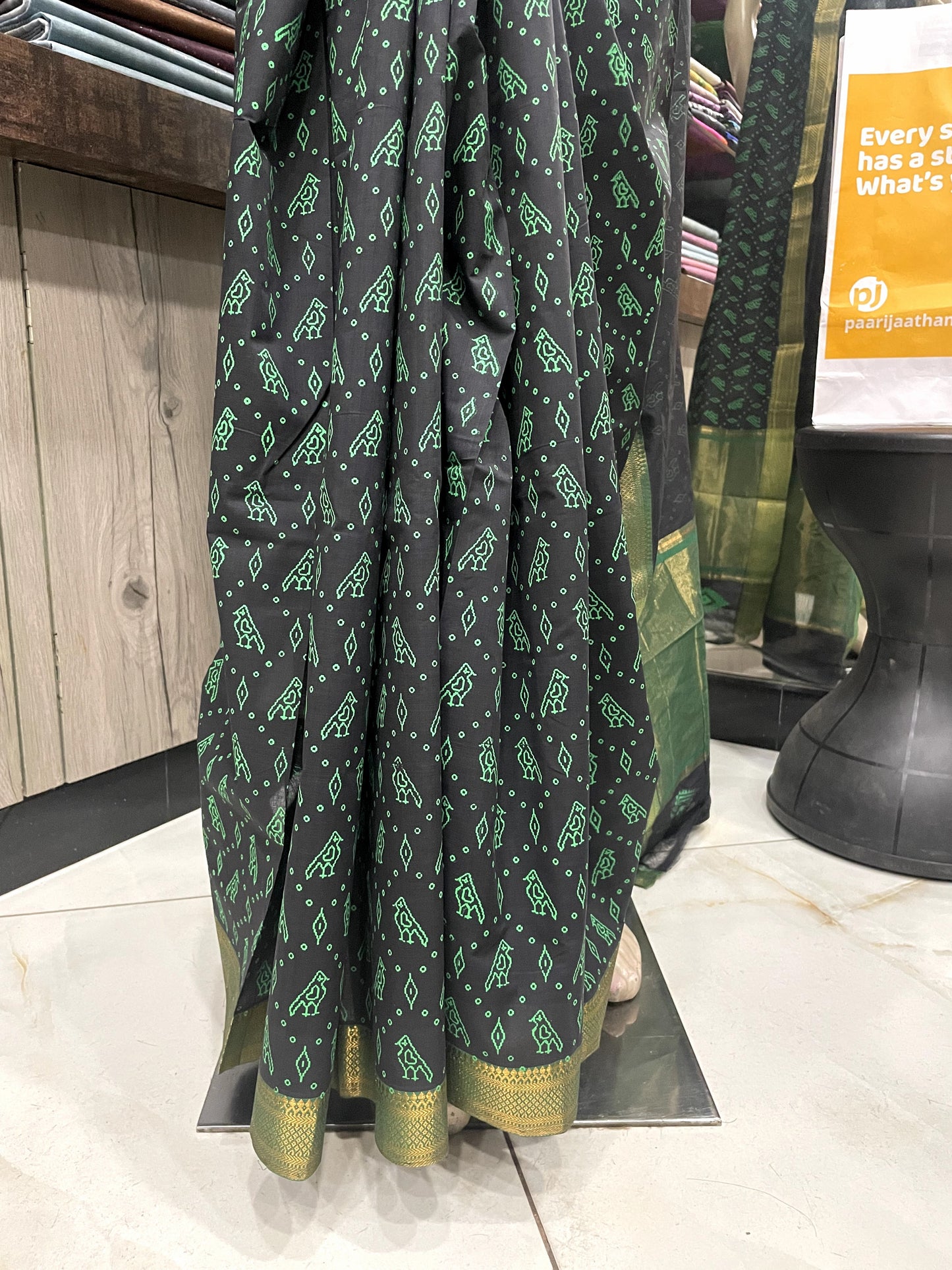 NV24A029 Black Green Pure Handloom Mangalgiri Cotton Saree