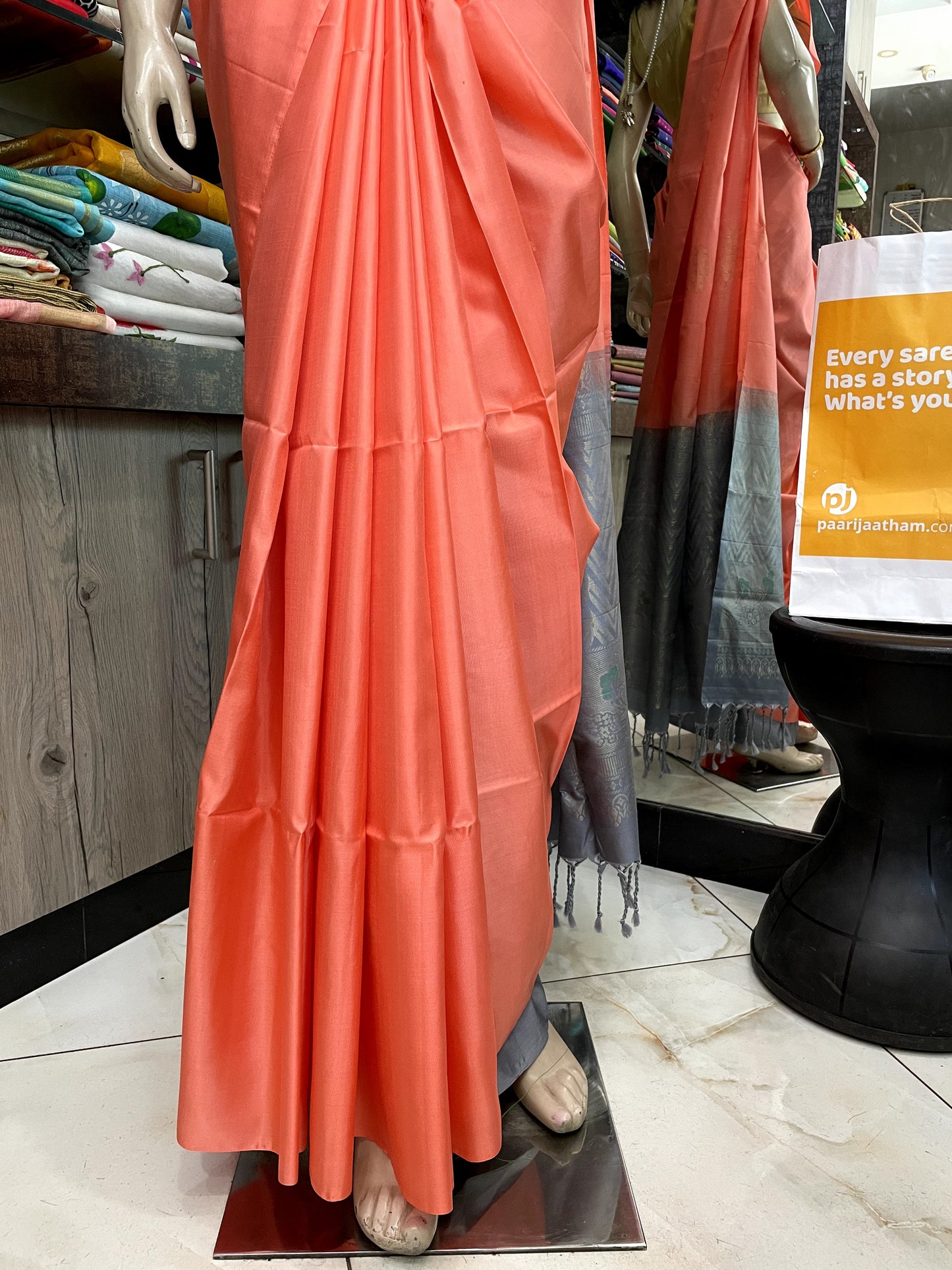 OT24A089 Orange Grey Pure Handloom Soft Silk Saree