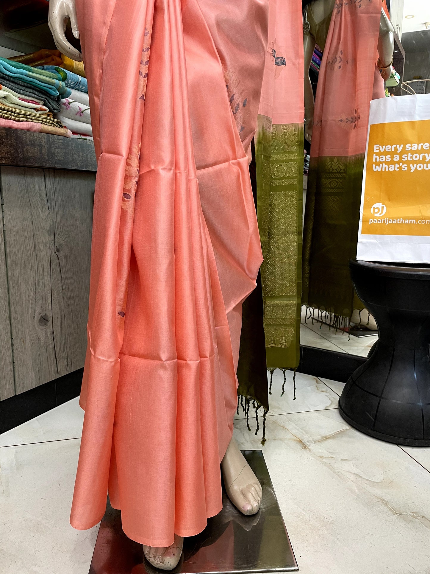 OT24A097 Peach Green Pure Handloom Soft Silk Saree