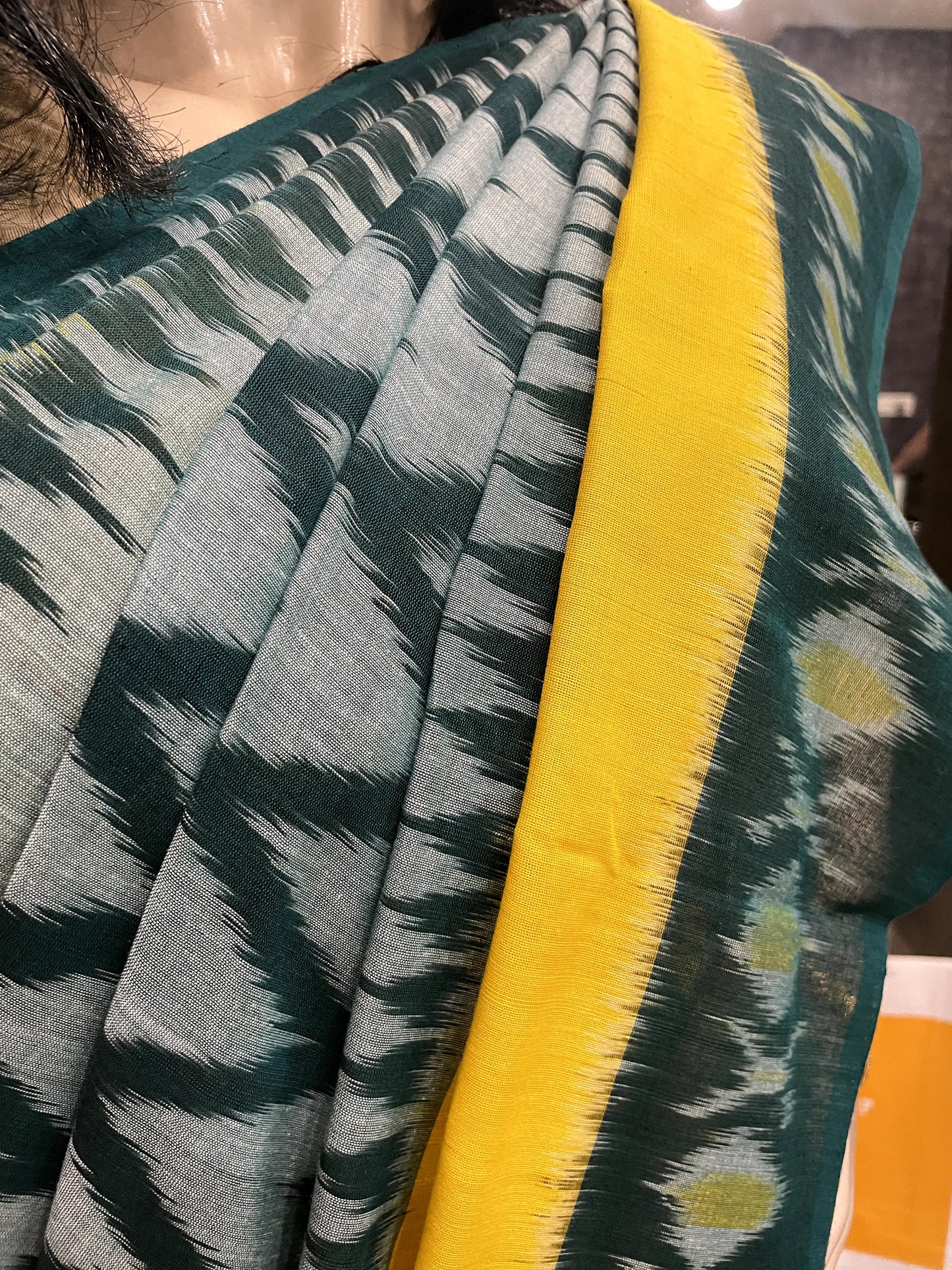 OT24A103 Green Yellow Handloom Pochampally Ikkat Mercerized Cotton Saree
