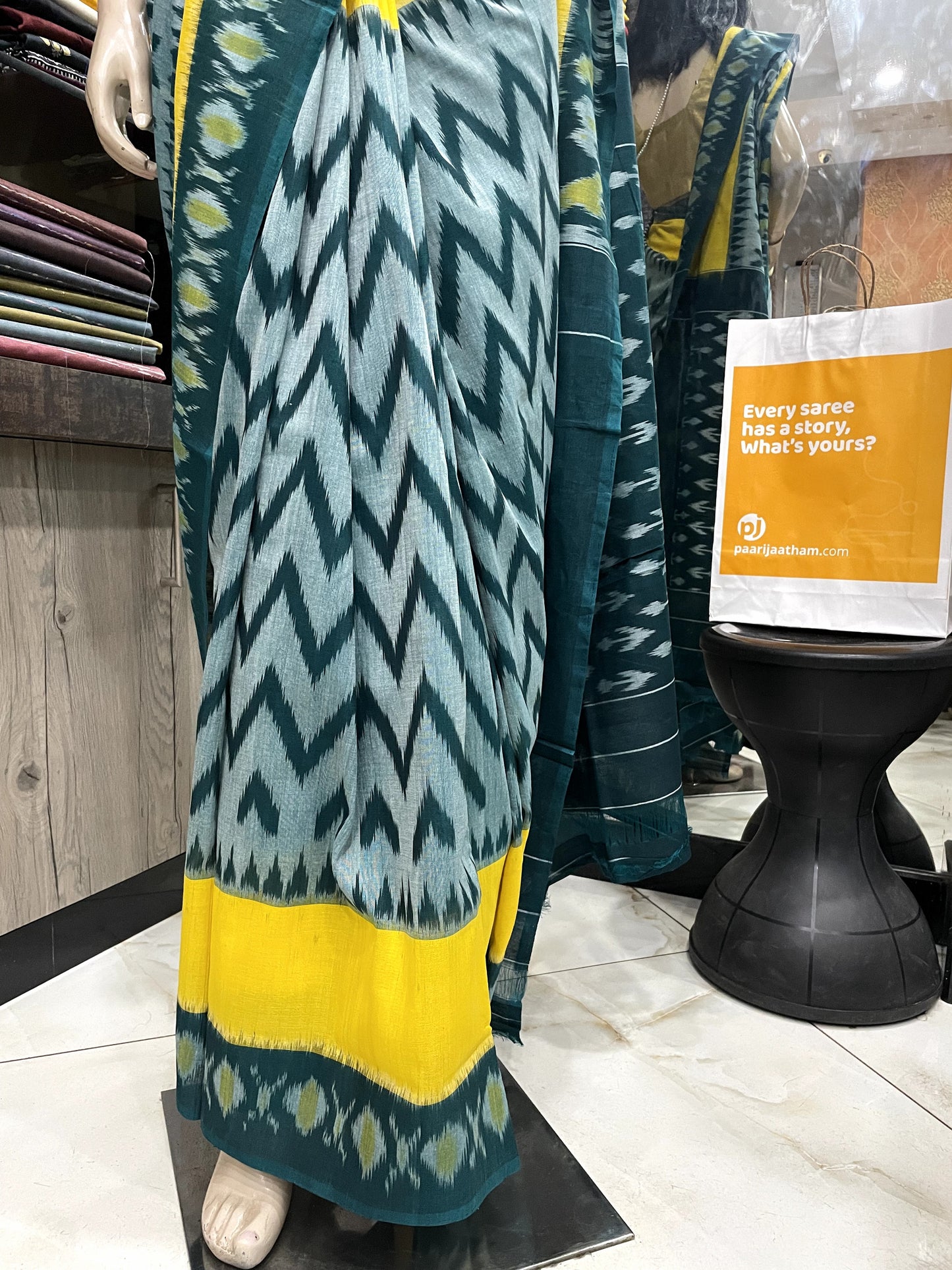 OT24A103 Green Yellow Handloom Pochampally Ikkat Mercerized Cotton Saree