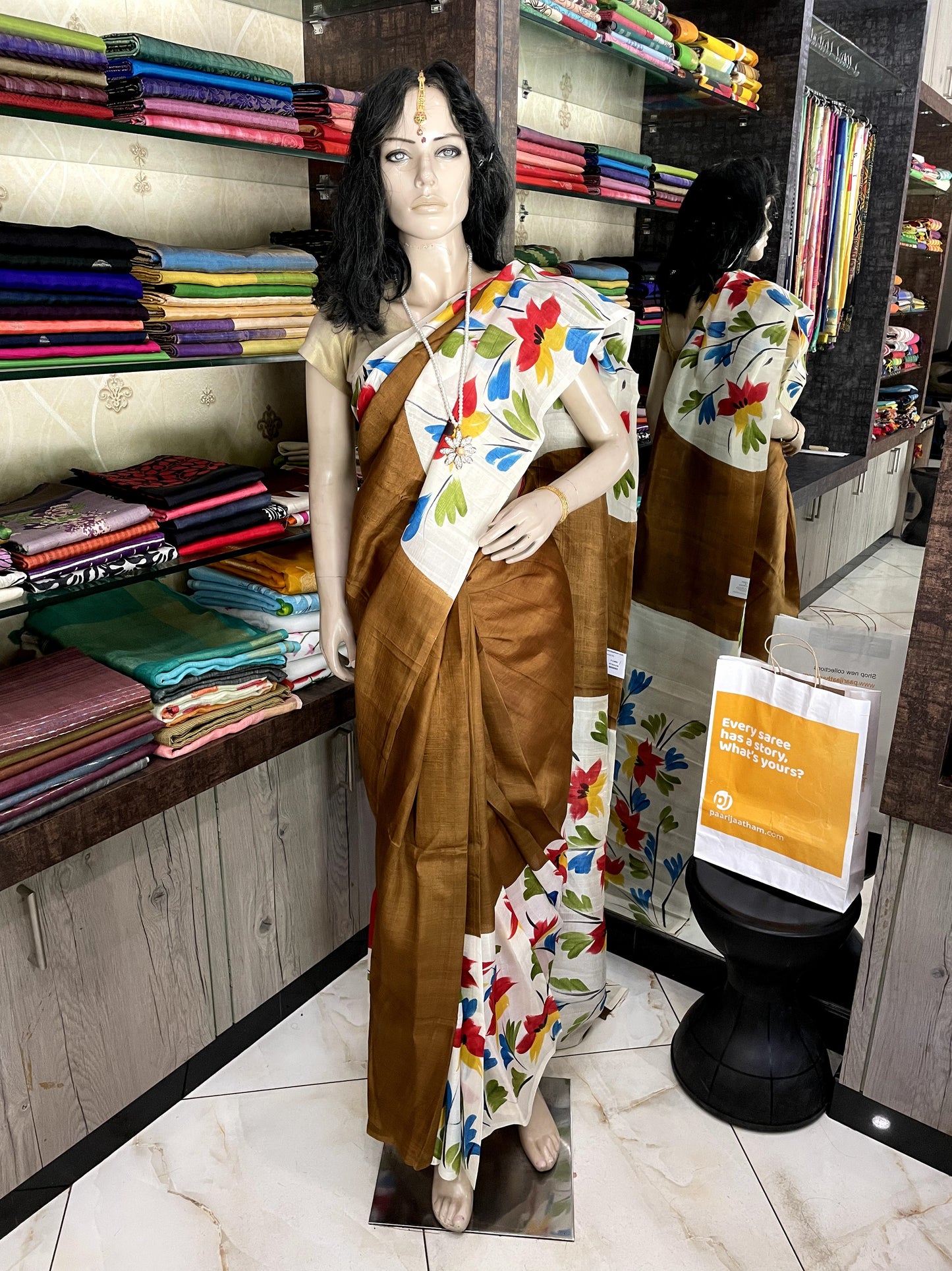 OT24A148 Brown White Pure Block Print Bishnupuri Silk Saree