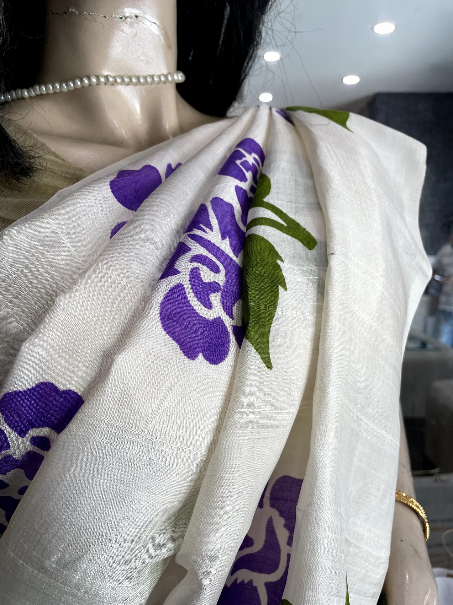 OT24A149 White Blue Pure Block Print Bishnupuri Silk Saree