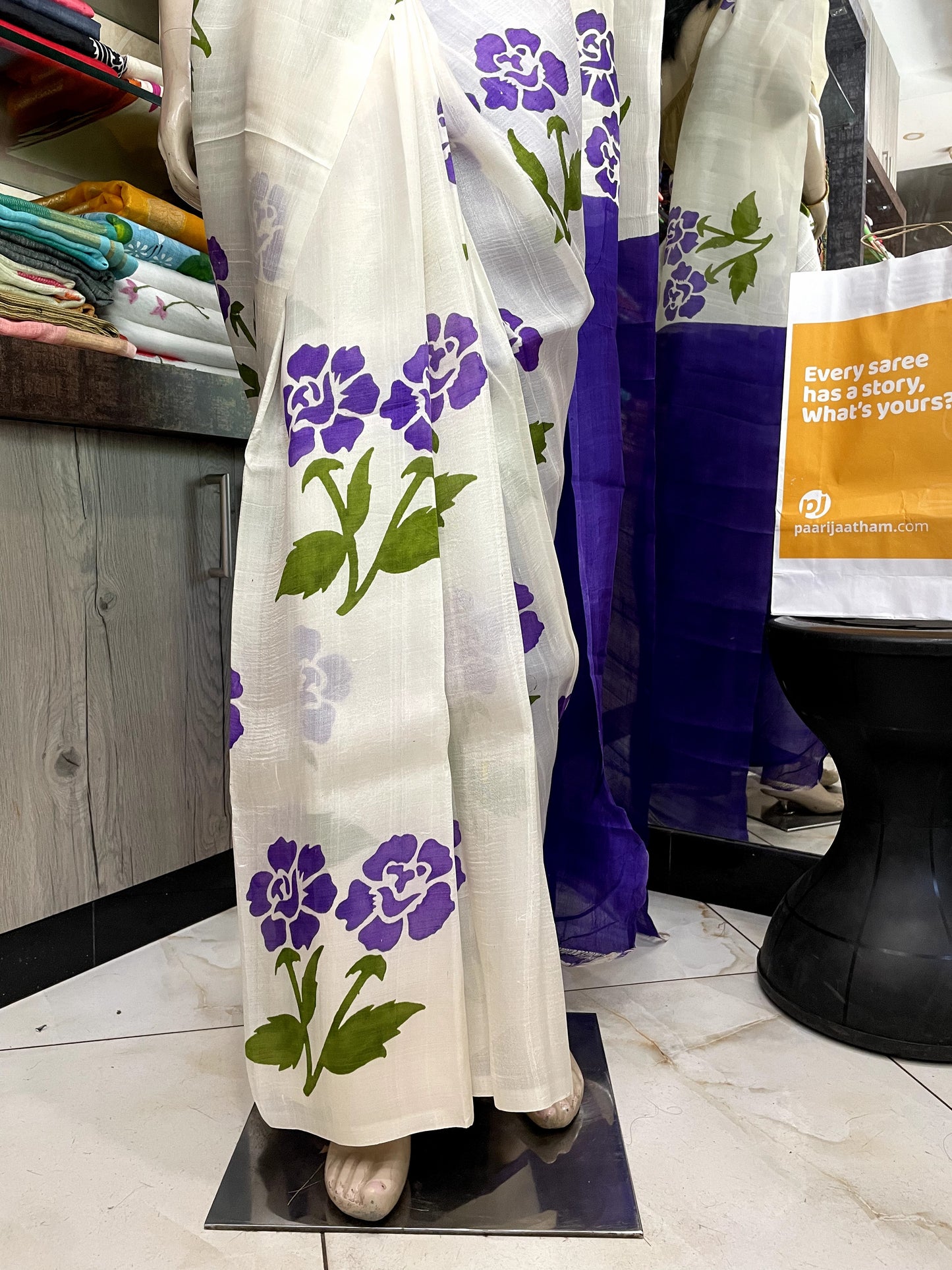 OT24A149 White Blue Pure Block Print Bishnupuri Silk Saree