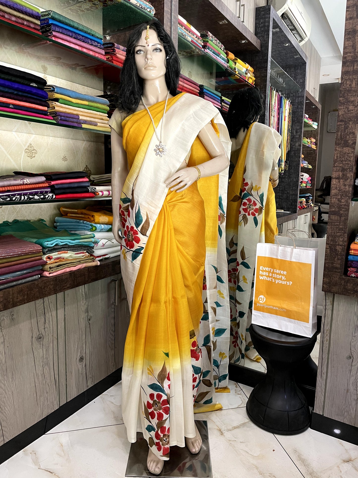 OT24A151 Yellow White Pure Block Print Bishnupuri Silk Saree