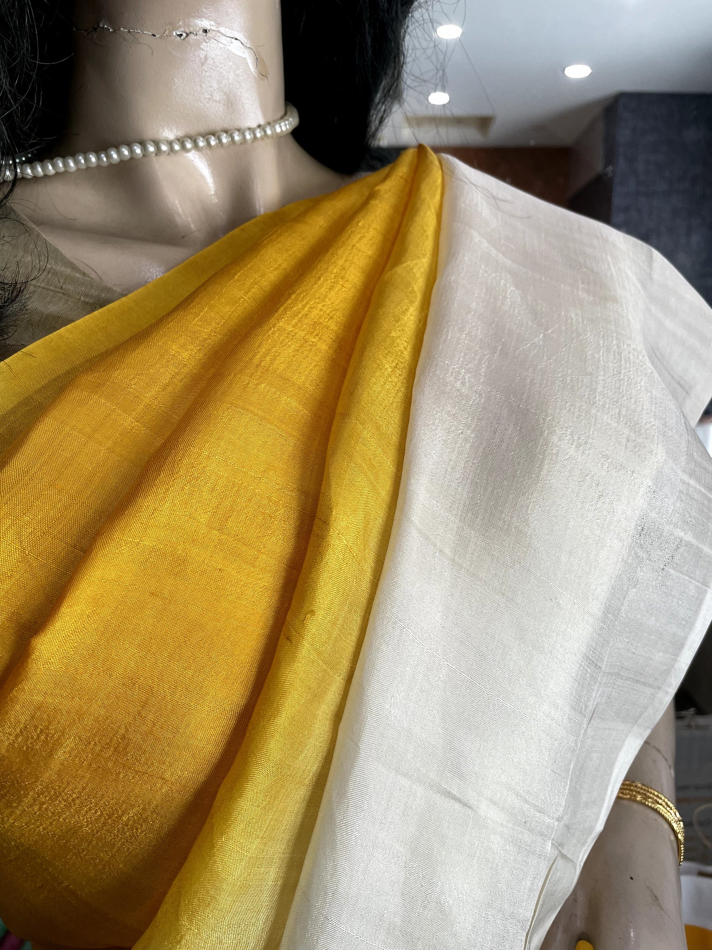 OT24A151 Yellow White Pure Block Print Bishnupuri Silk Saree