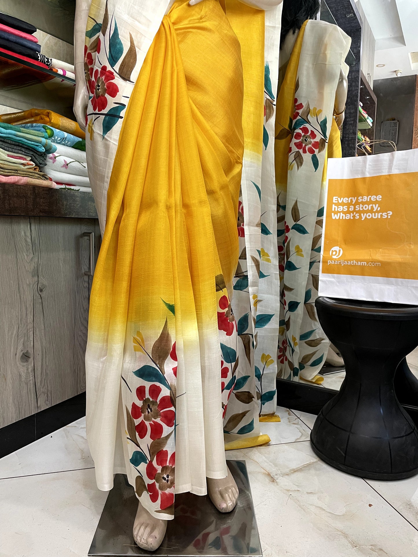 OT24A151 Yellow White Pure Block Print Bishnupuri Silk Saree