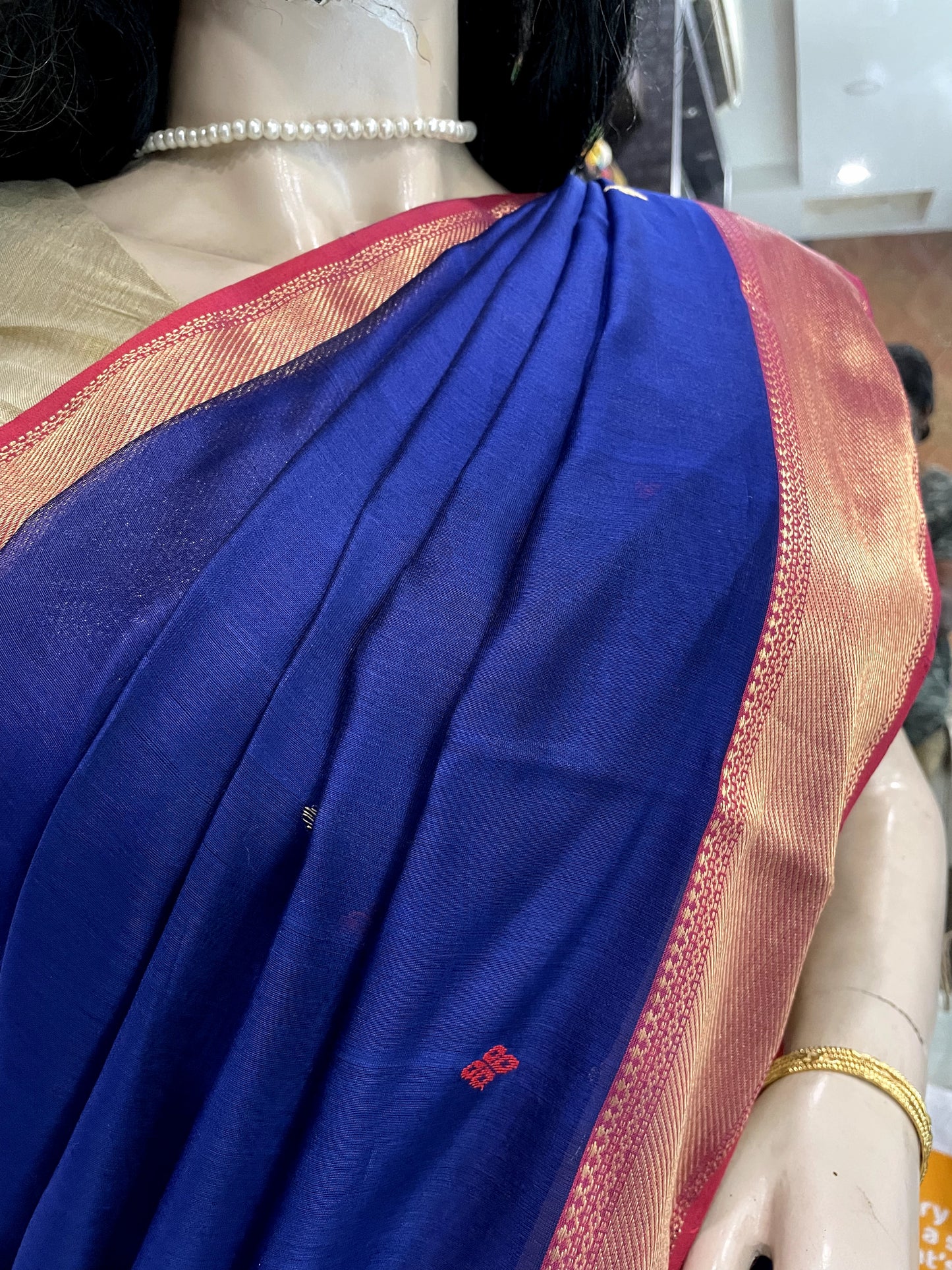 OT24A162 Blue Red Pure Handloom Maheshwari Silk Saree