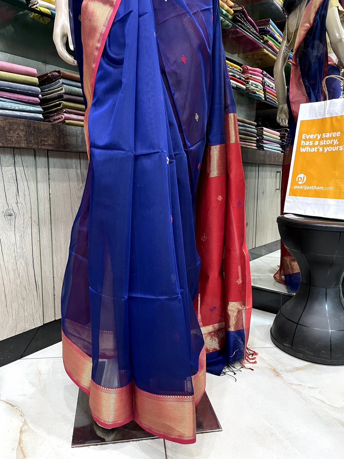 OT24A162 Blue Red Pure Handloom Maheshwari Silk Saree