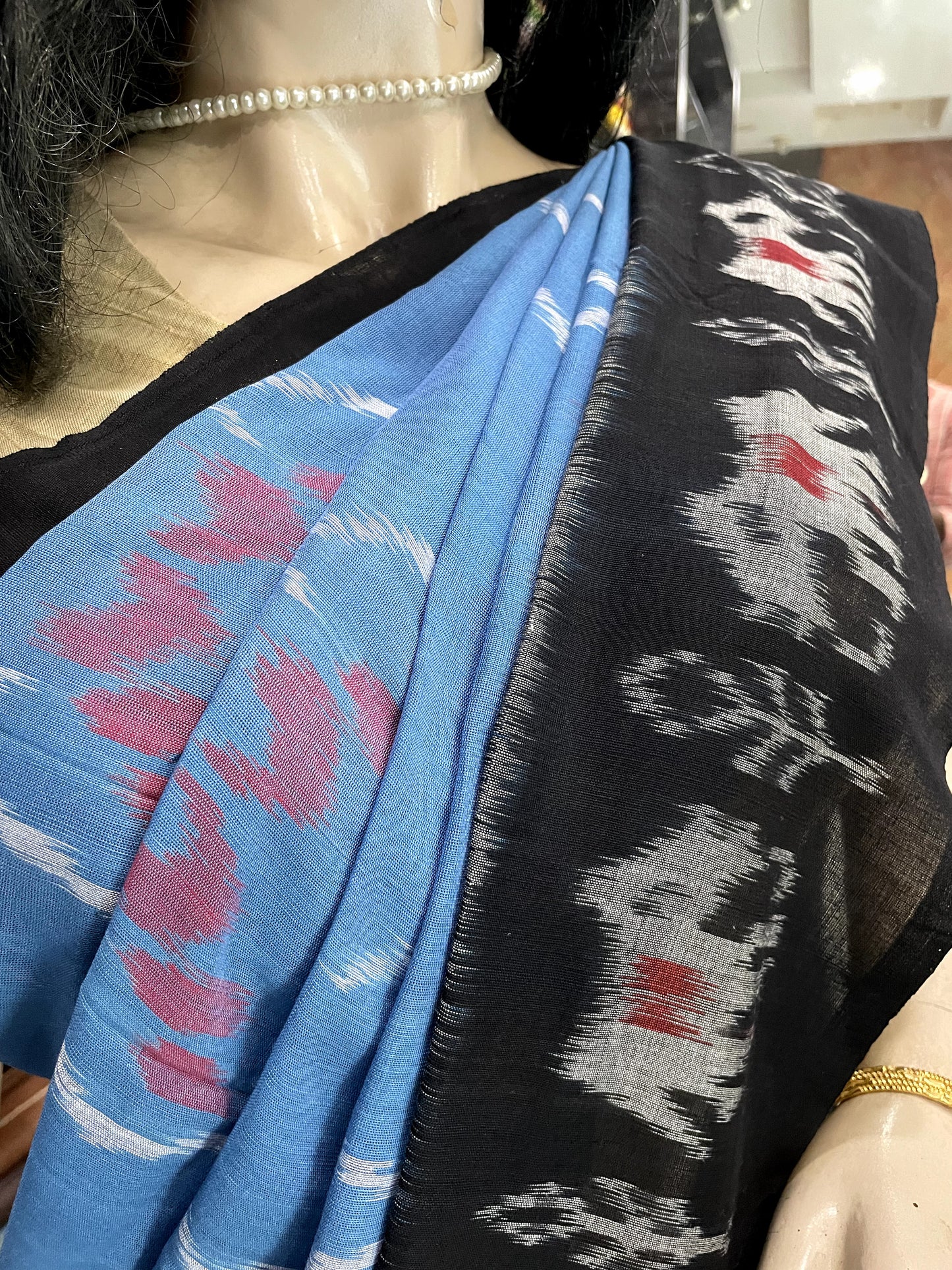 OT24A175 Blue Black Handloom Pochampally Ikkat Mercerized Cotton Saree