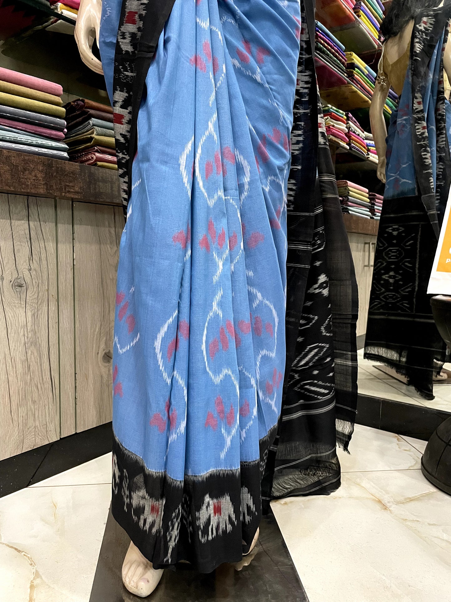 OT24A175 Blue Black Handloom Pochampally Ikkat Mercerized Cotton Saree