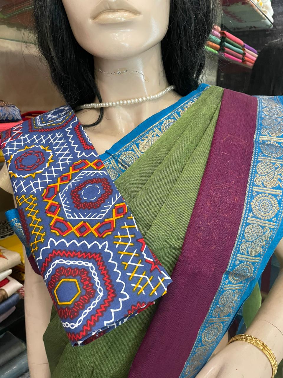 OT25A207 Olive Green Pure Handloom Chettinad Cotton Saree