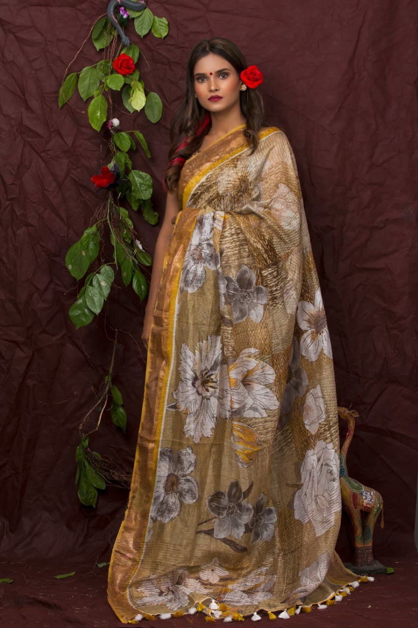 PJDC24A031 Yellow White Pure Handloom Linen Printed Saree