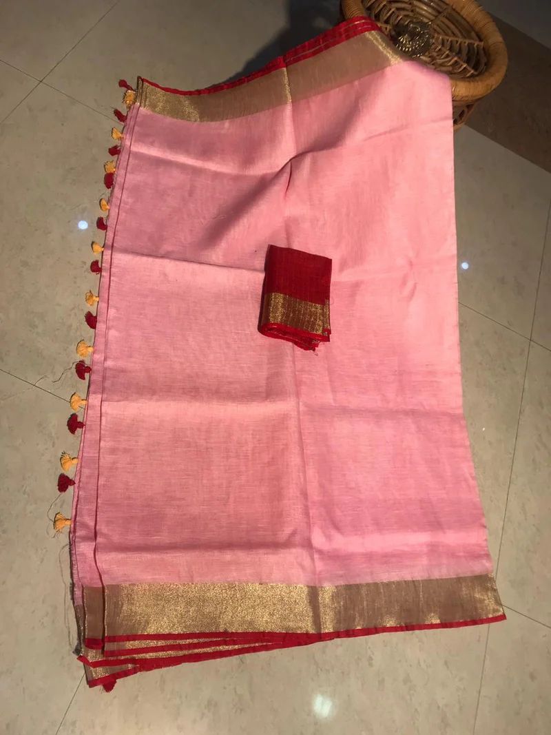 PJDC24A037 Pink Red Pure Handloom Linen Saree