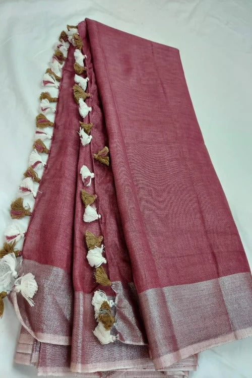 PJDC24A042 Peach Silver Pure Handloom Linen Saree