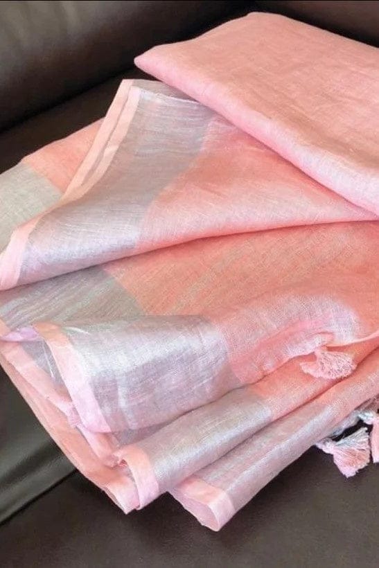PJDC24A044 Pink Silver Pure Handloom Linen Saree