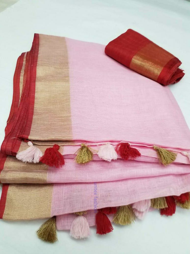 PJDC24A045 Pink Red Pure Handloom Linen Saree