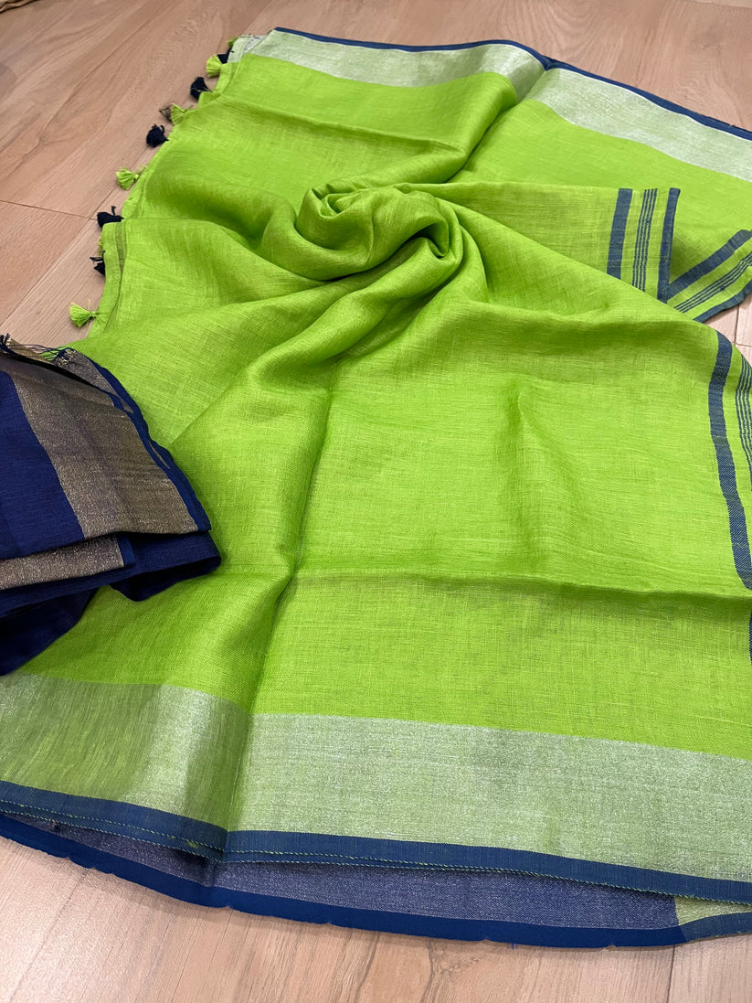 PJDC24A047 Green Blue Pure Handloom Linen Saree