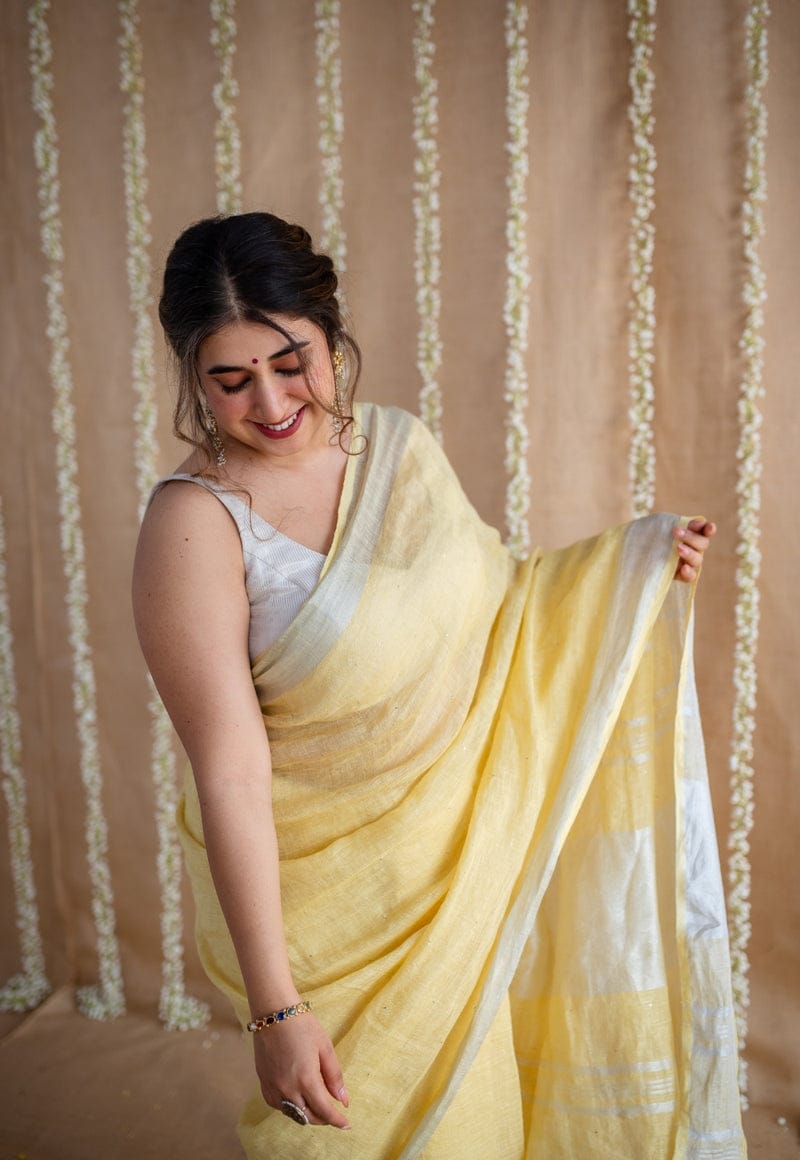PJFB25A002 Yellow Silver Pure Handloom Linen Saree