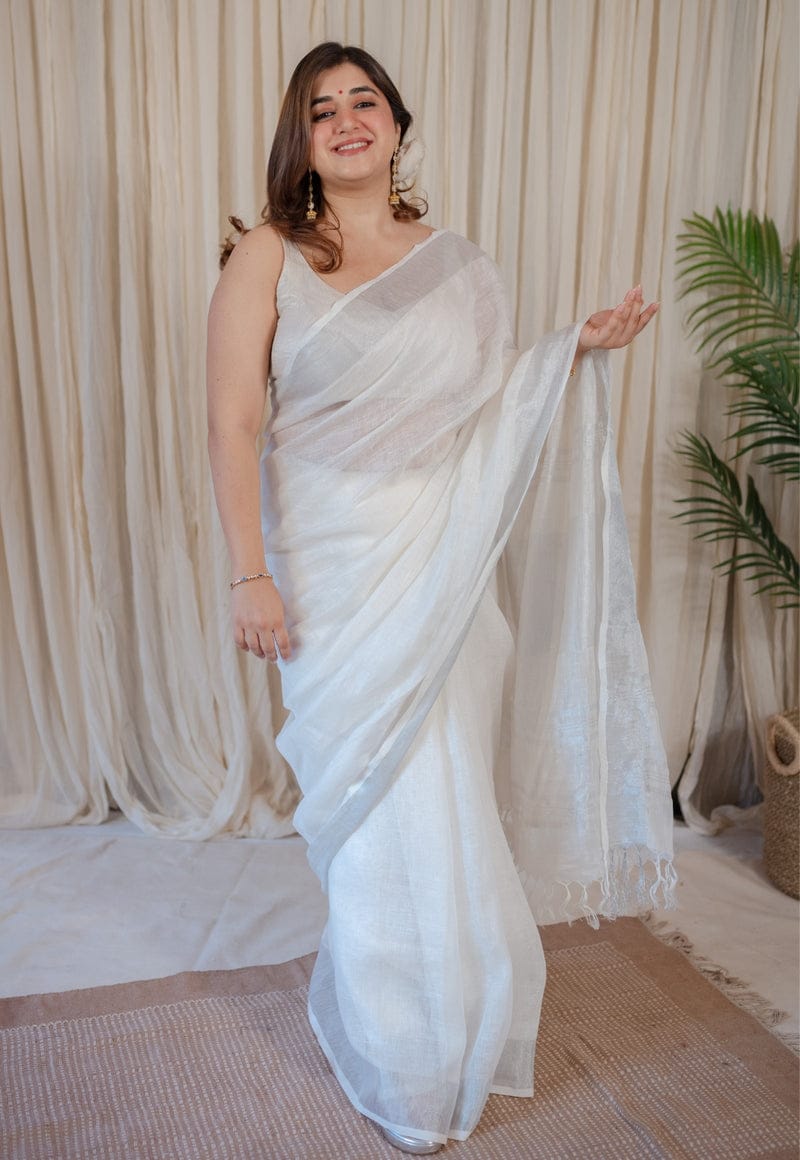 PJFB25A003 White Silver Pure Handloom Linen Saree