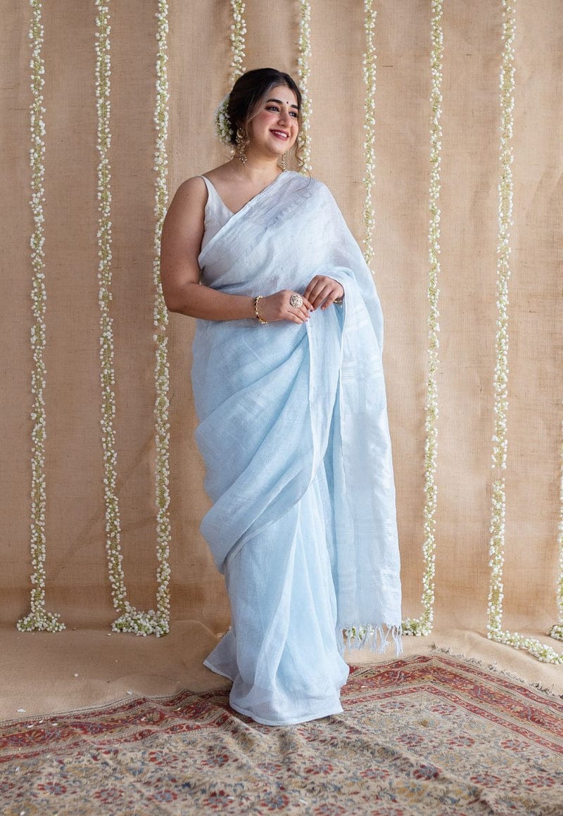 PJFB25A006 Blue Silver Pure Handloom Linen Saree