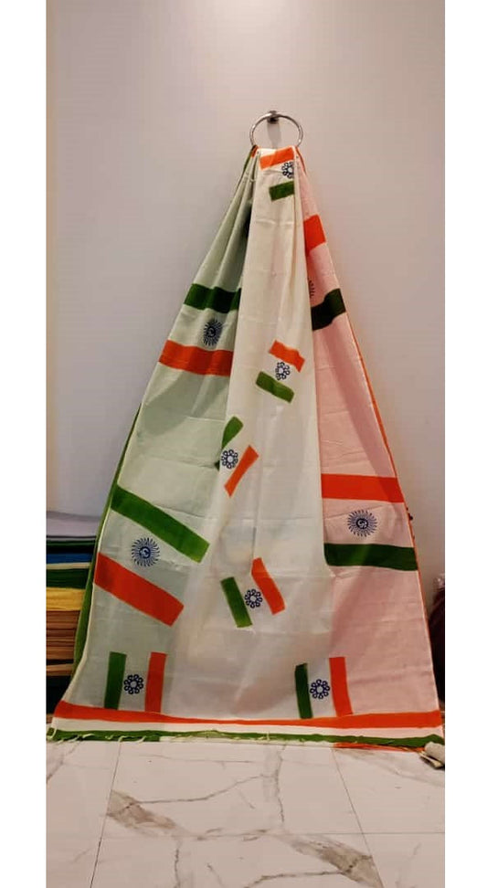 White Green Hand Painted Kerala cotton saree