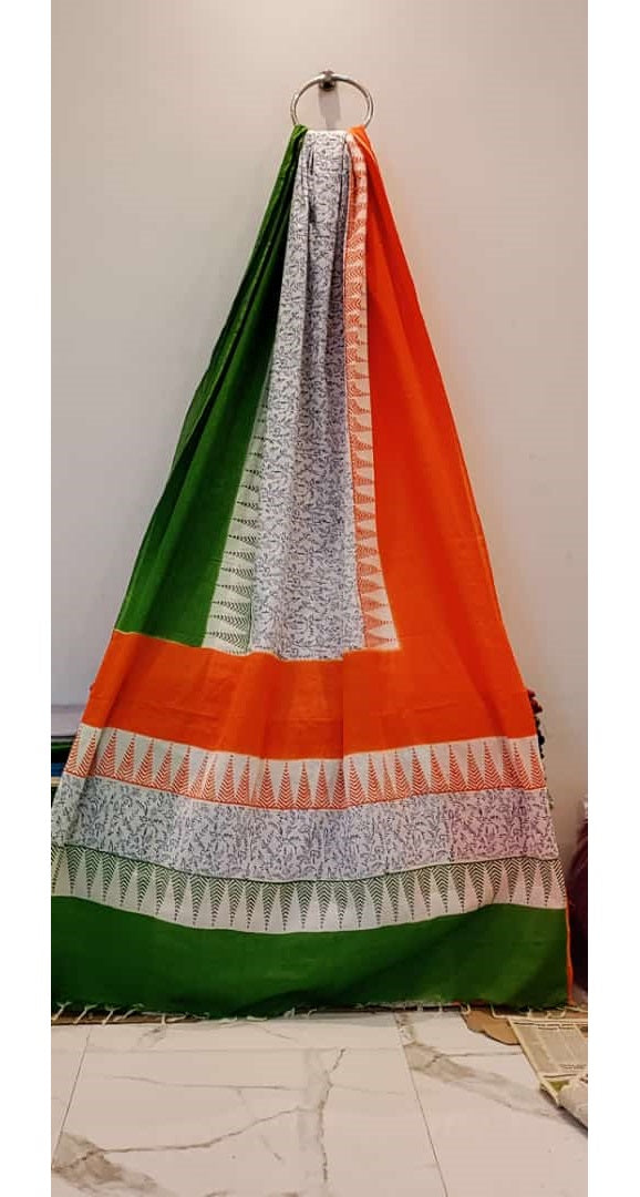 White Green Hand Painted Kerala cotton saree