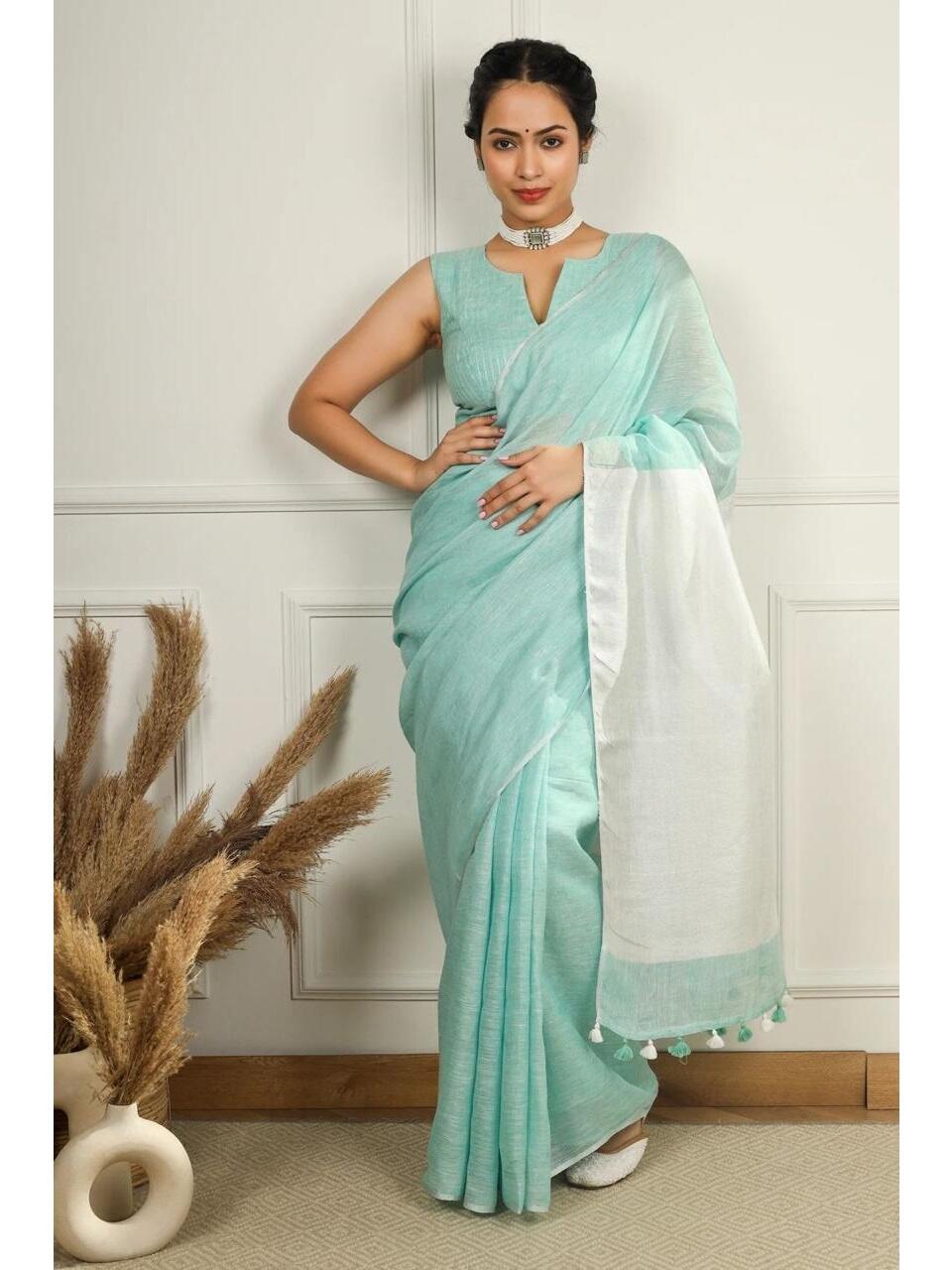 Blue White Pure Handloom Linen Saree