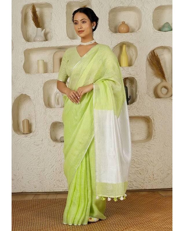 Green White Pure Handloom Linen Saree