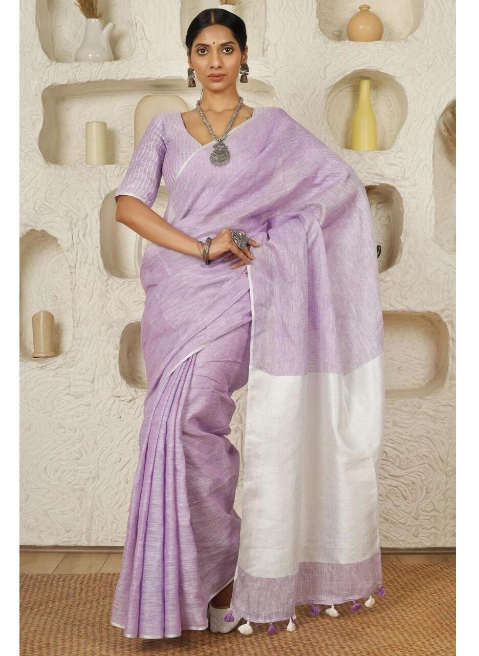 Lavender White Pure Handloom Linen Saree