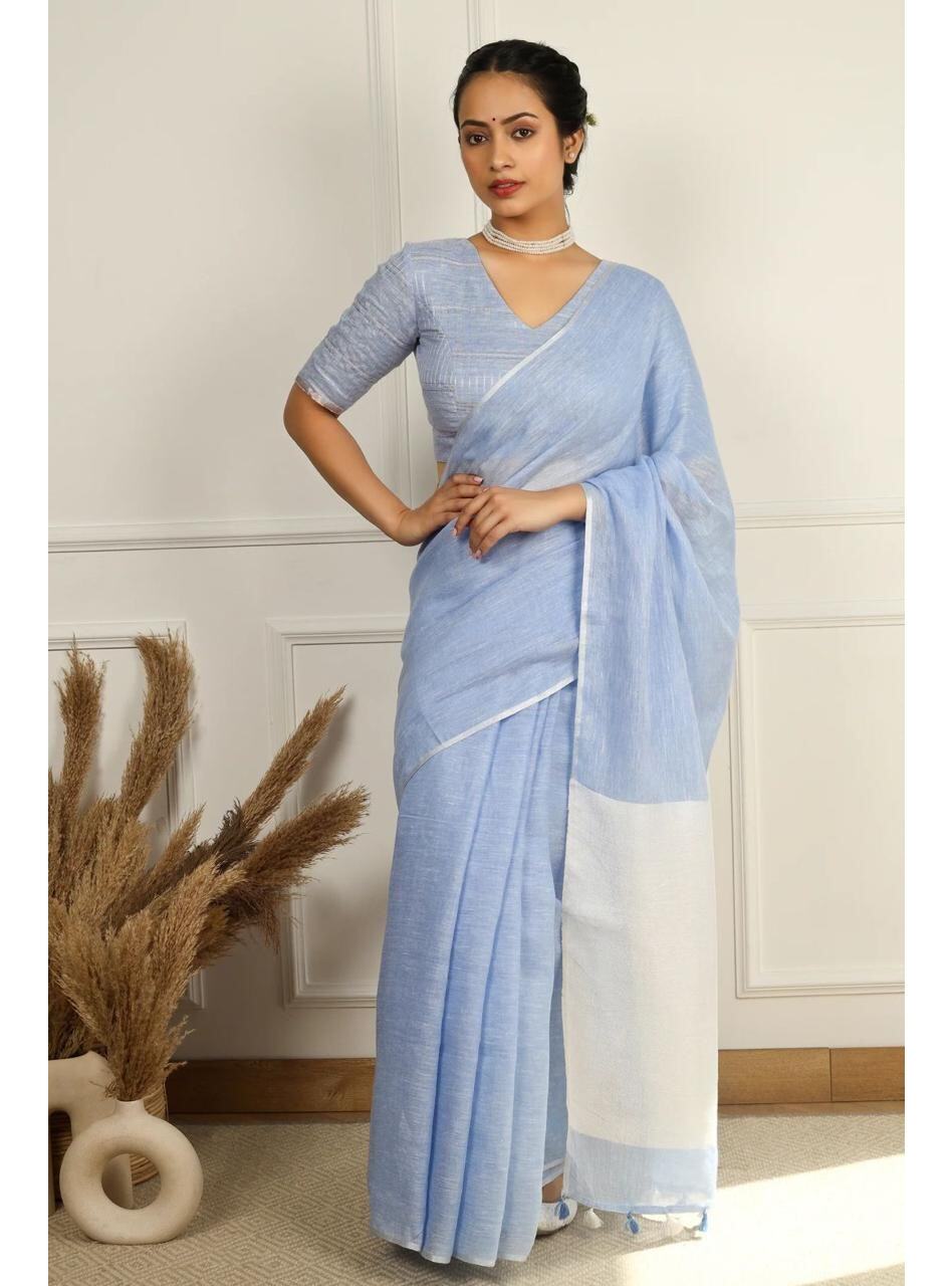 Blue White Pure Handloom Linen Saree