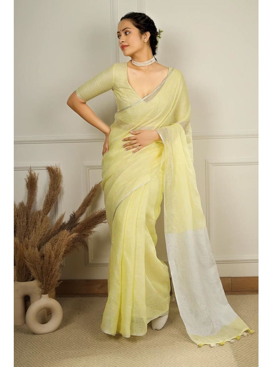 Yellow White Pure Handloom Linen Saree